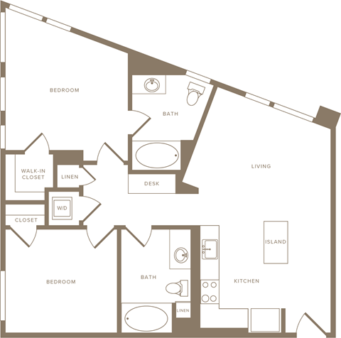 Floor plan for 2 beds, 2 baths, 954 sqft